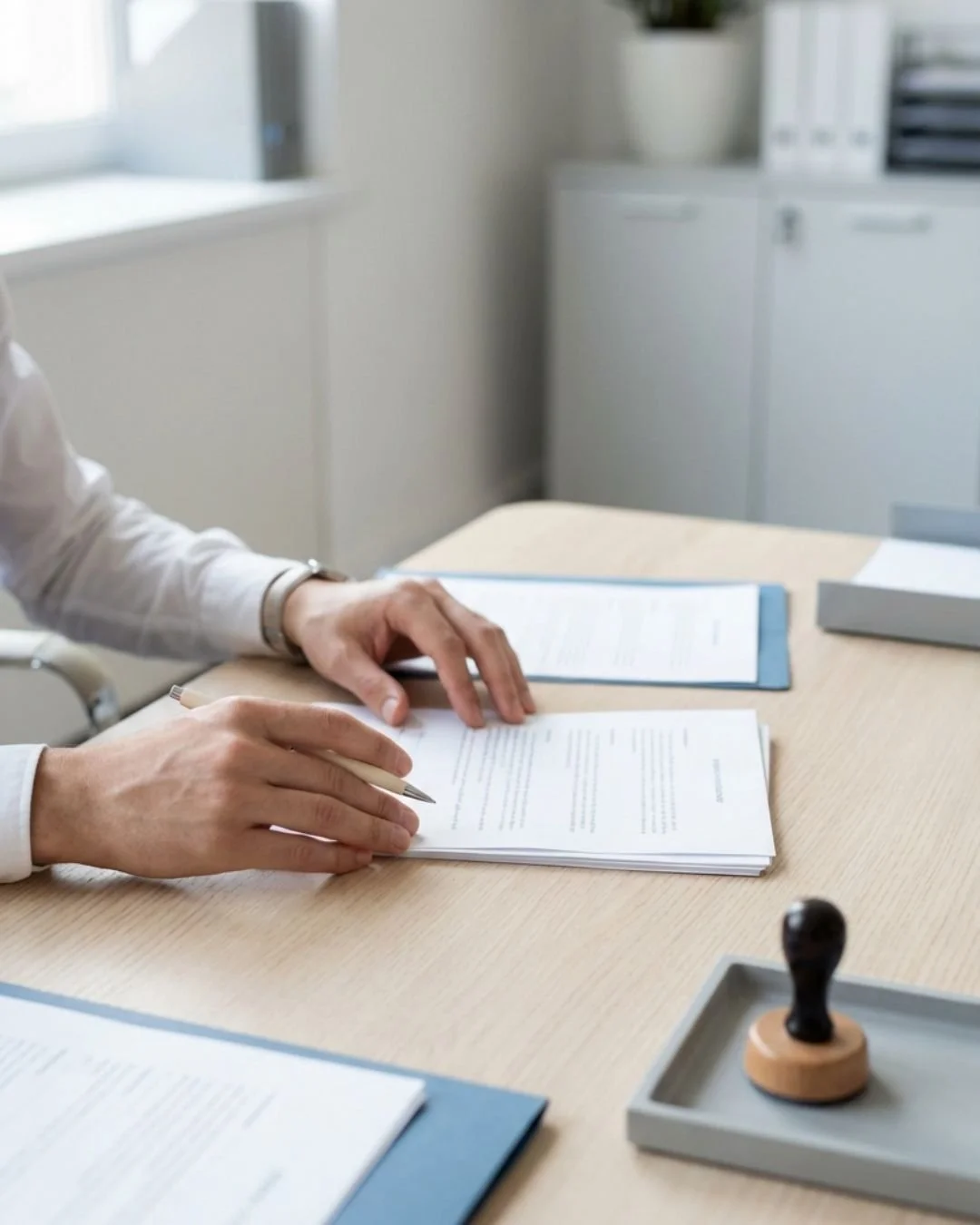 Person reviewing documents at a desk with a stamp nearby.