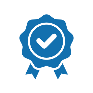 A blue badge with a checkmark in the center and ribbons at the bottom, indicating certification or approval.