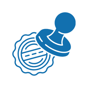 A blue rubber stamp with a circular base and a handle, featuring a security or approval mark.