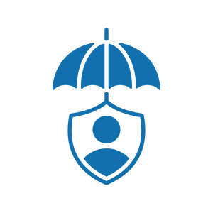 An umbrella above a shield with a person icon in the center