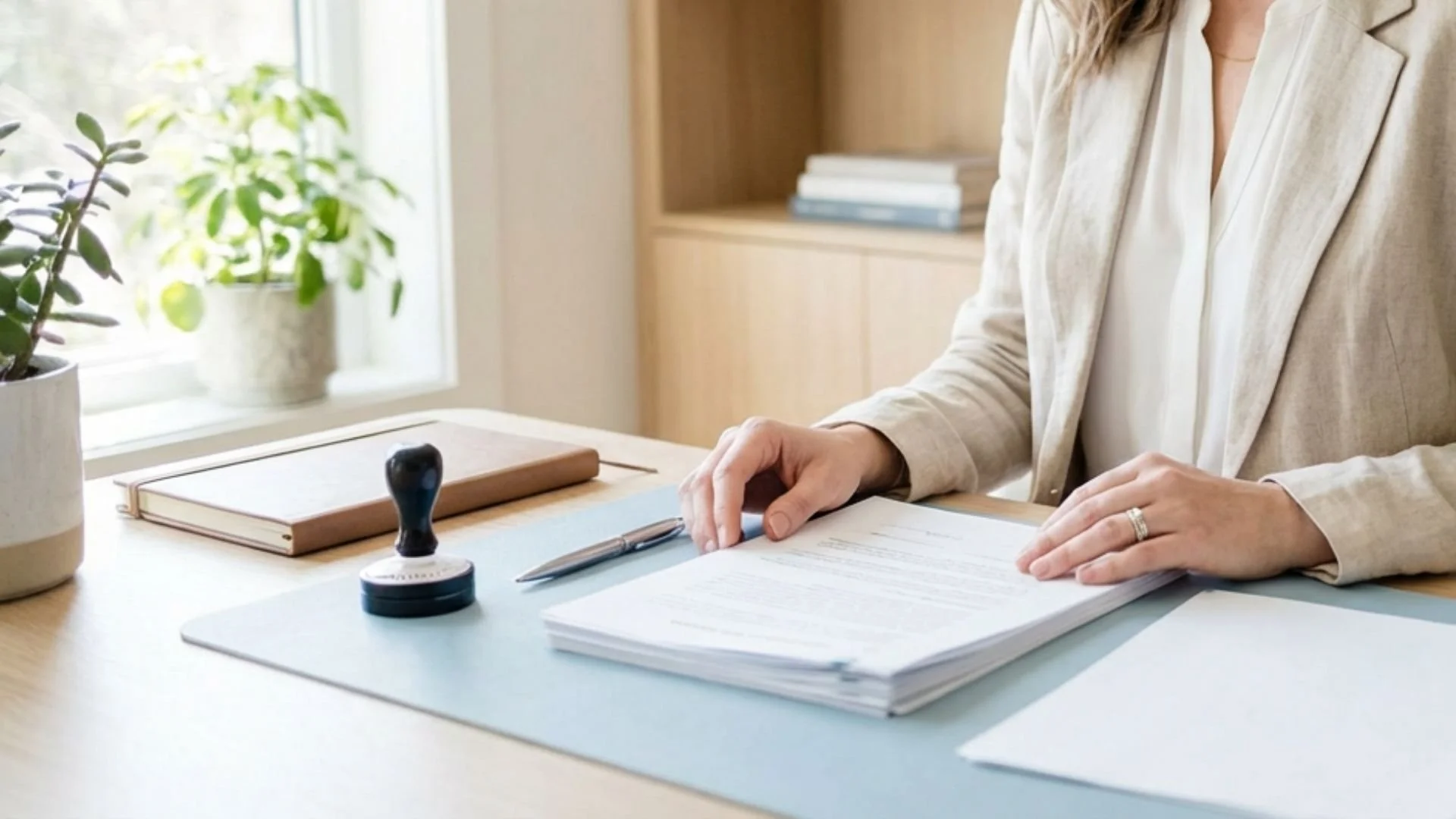 A person sitting at a desk with documents, a pen, wax seal, notebook, and a potted plant near a window.