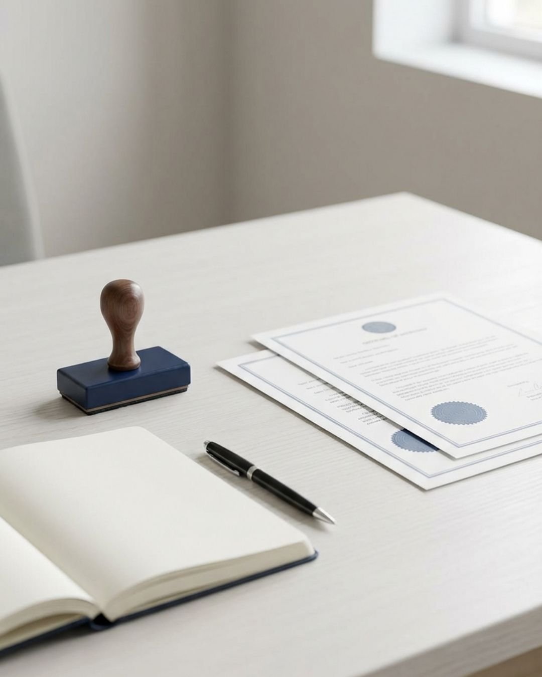 Official documents with stamps, a black pen, and an open notebook on a white desk.