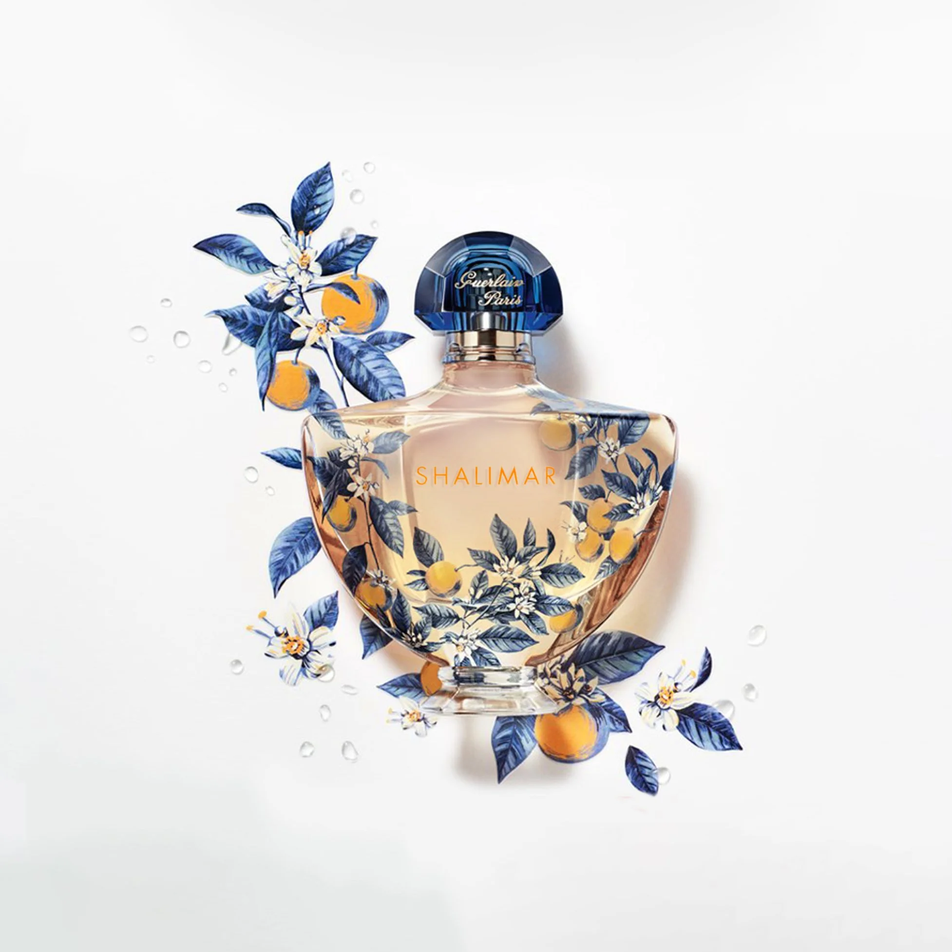 Guerlain Shalimar _ Une bouteille de parfum avec des motifs floraux et d'agrumes, portant le nom 'SHALIMAR', posée sur un fond blanc, accompagnée de fleurs et de fruits illustrés autour.