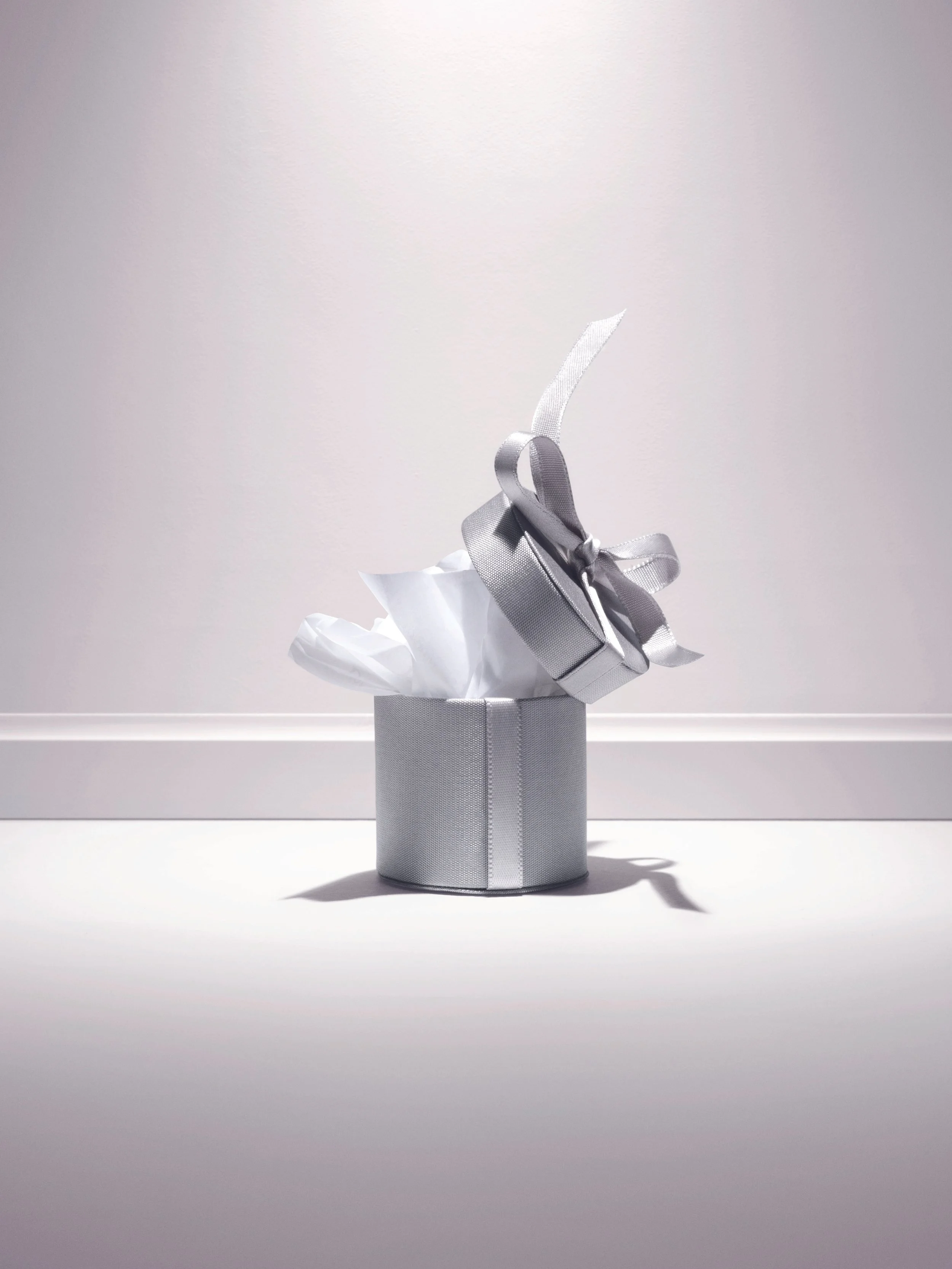 DIOR _ Une boîte cylindrique grise, décorée d'une bande blanche, contenant du papier blanc froissé, avec un petit sac en satin gris posé dessus, attaché avec un ruban gris, toutes ces matières ont une apparence élégante et minimaliste.