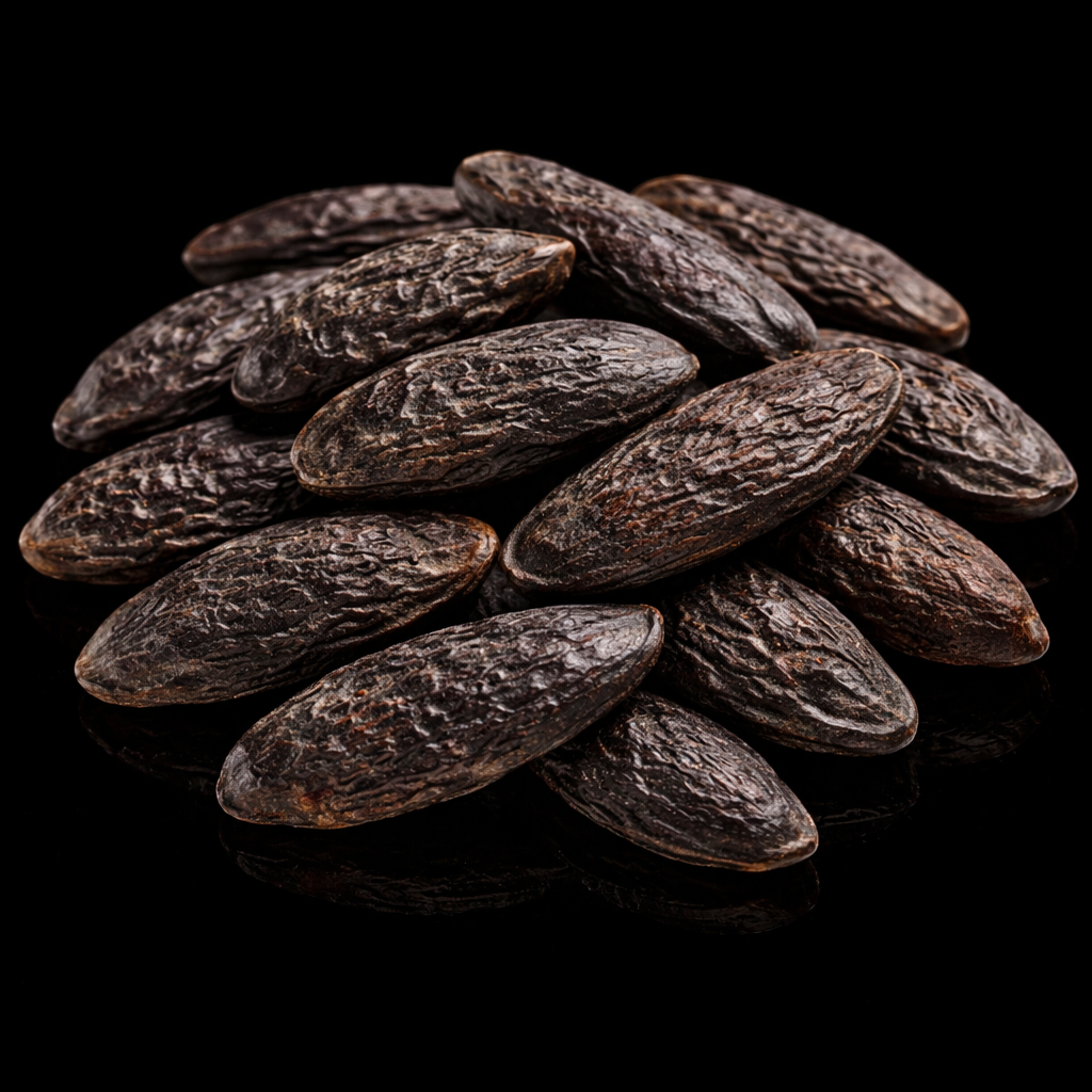Pile of black sunflower seeds on a reflective black surface