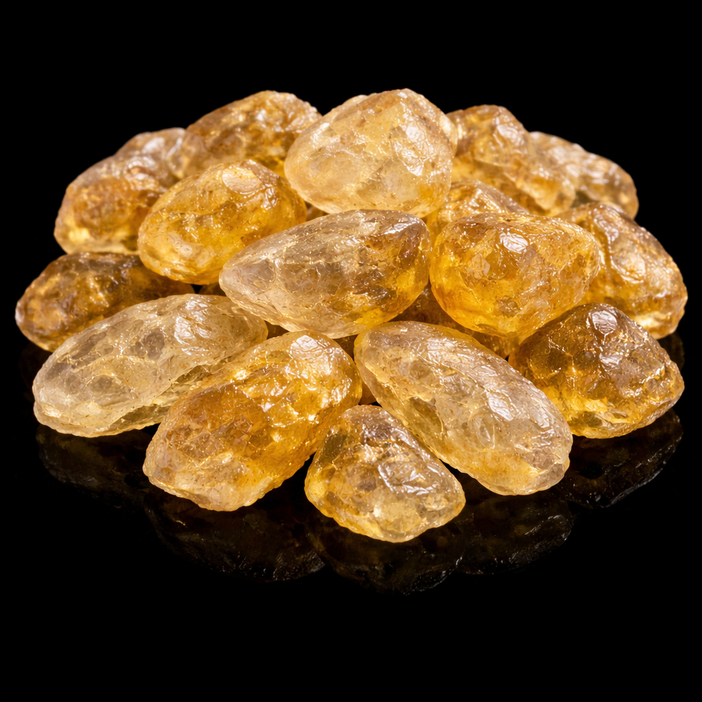 A pile of raw amber gemstones on a black reflective surface.