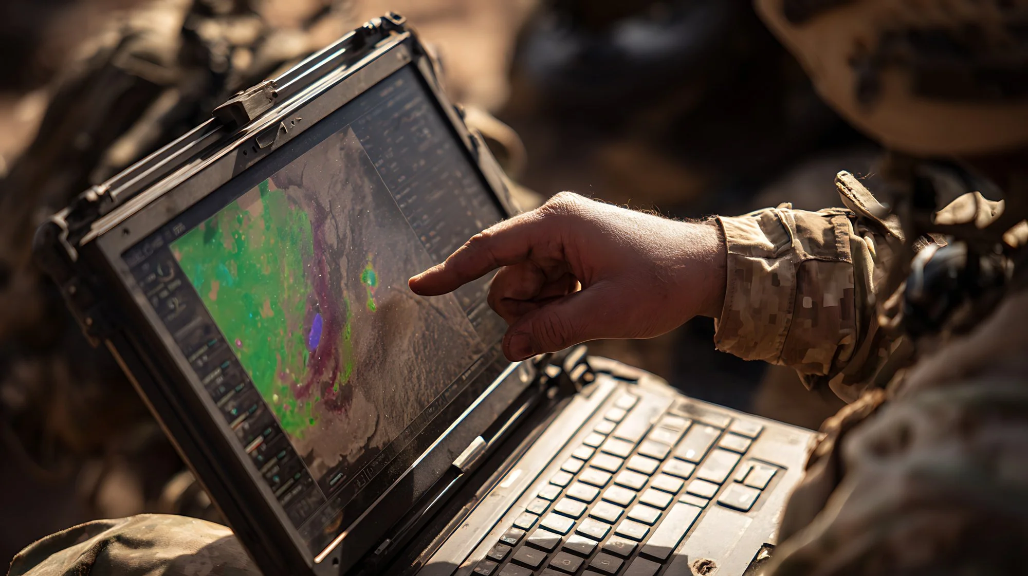 A military personnel in camouflage uniform pointing at a digital weather radar display on a rugged, outdoor laptop.