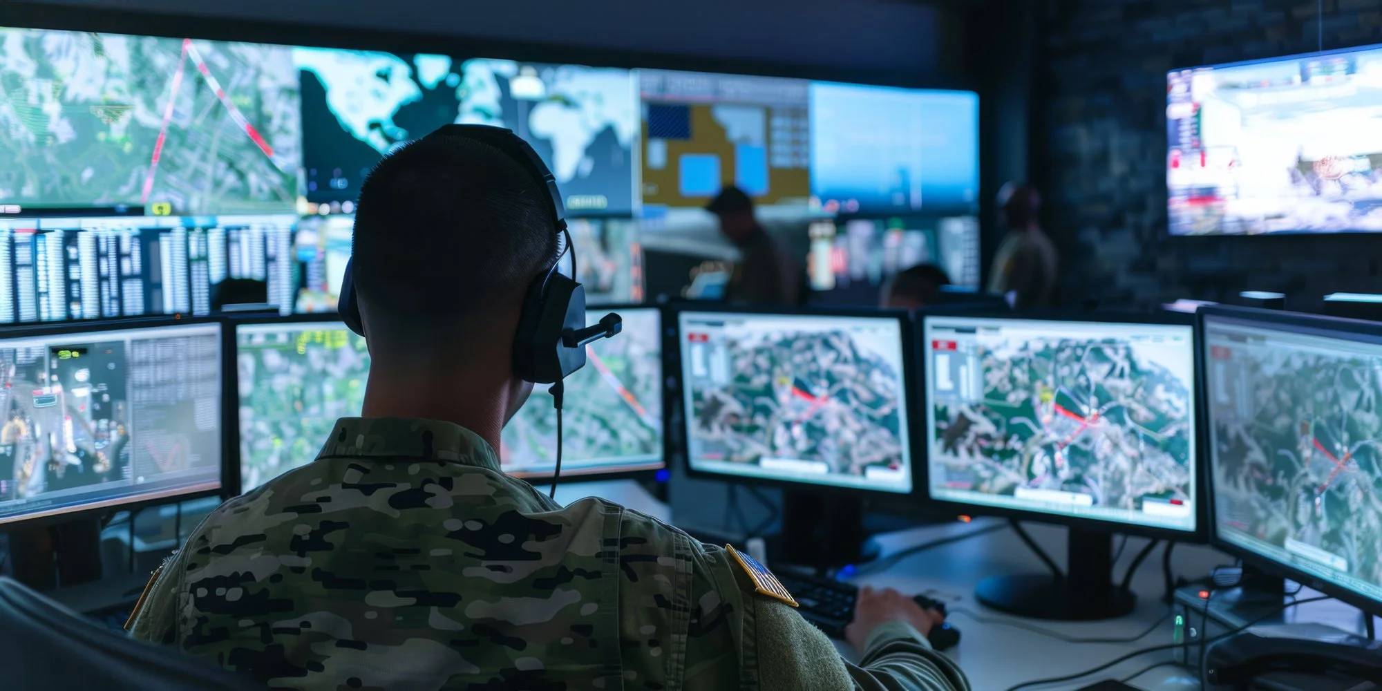 A military personnel in camouflage uniform working at a command center with multiple monitors displaying maps, data, and surveillance footage.