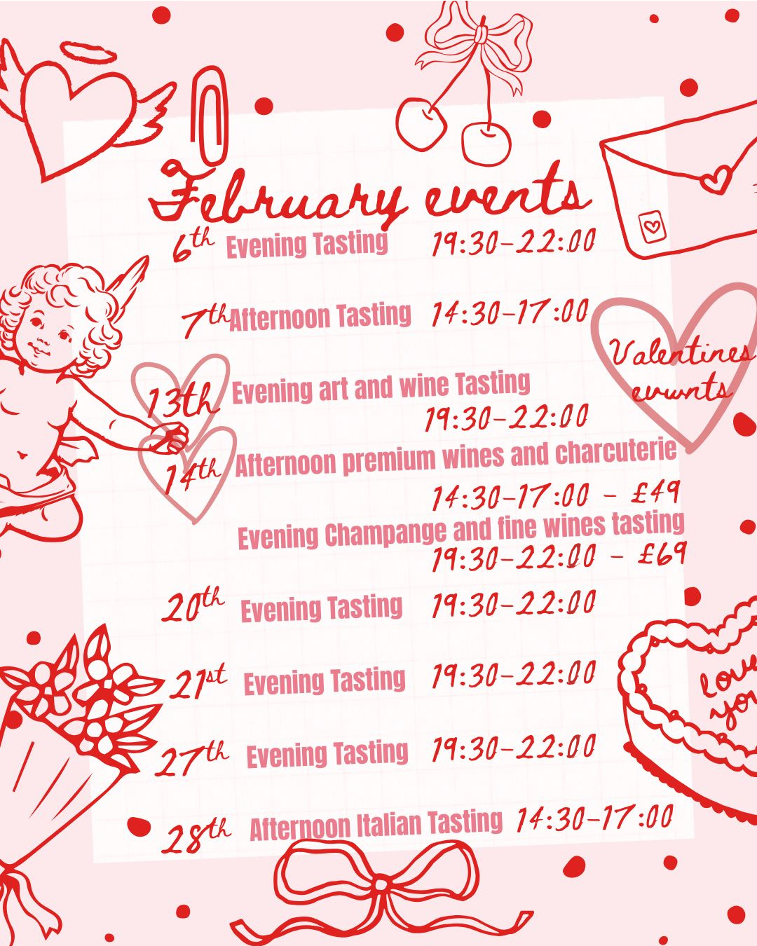A list of wine tastings and events at Taylor Wines Essex in Brentwood for the month of February 2026