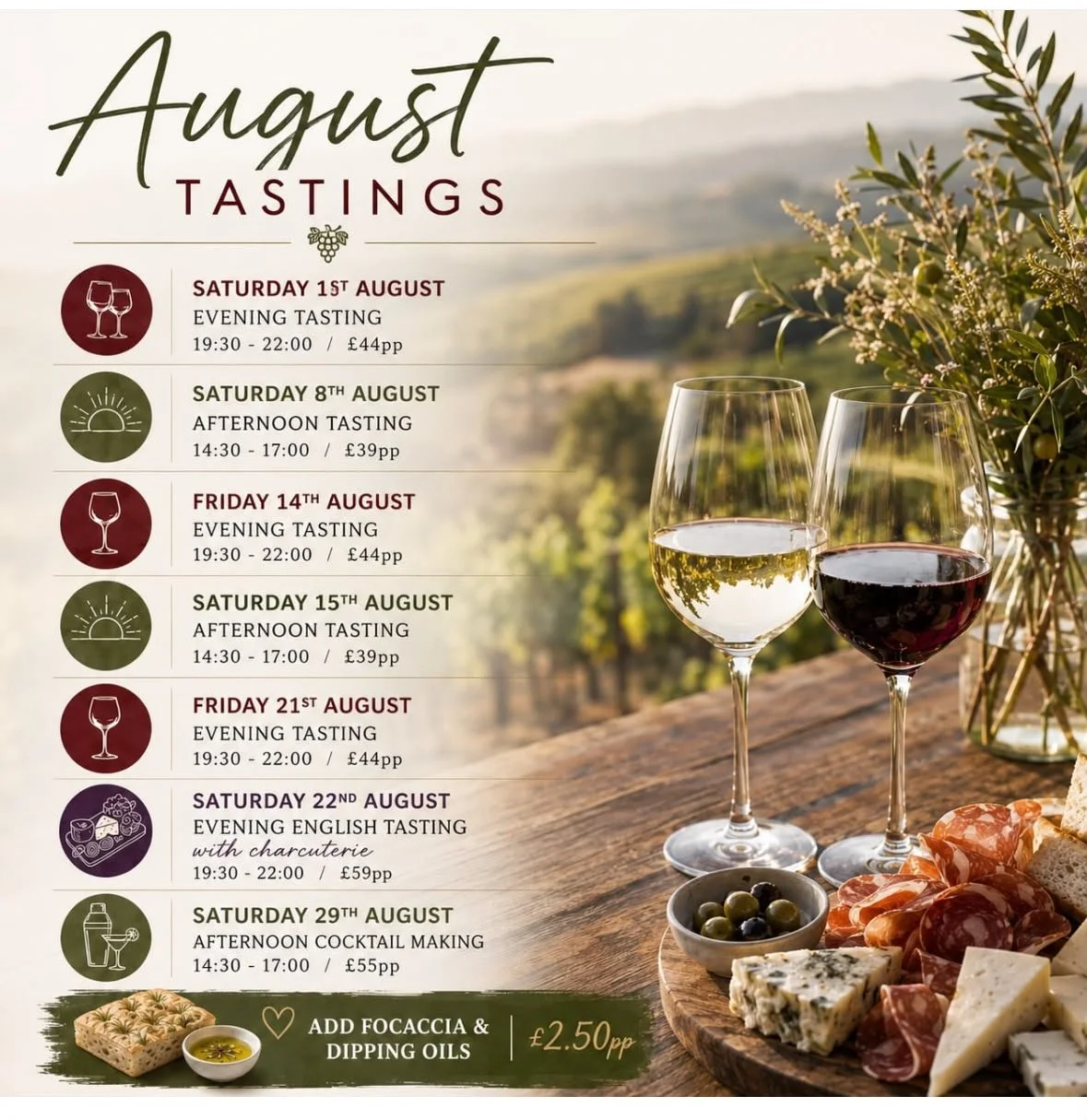 image showing list of dates of tasting events at Taylor Wines Essex