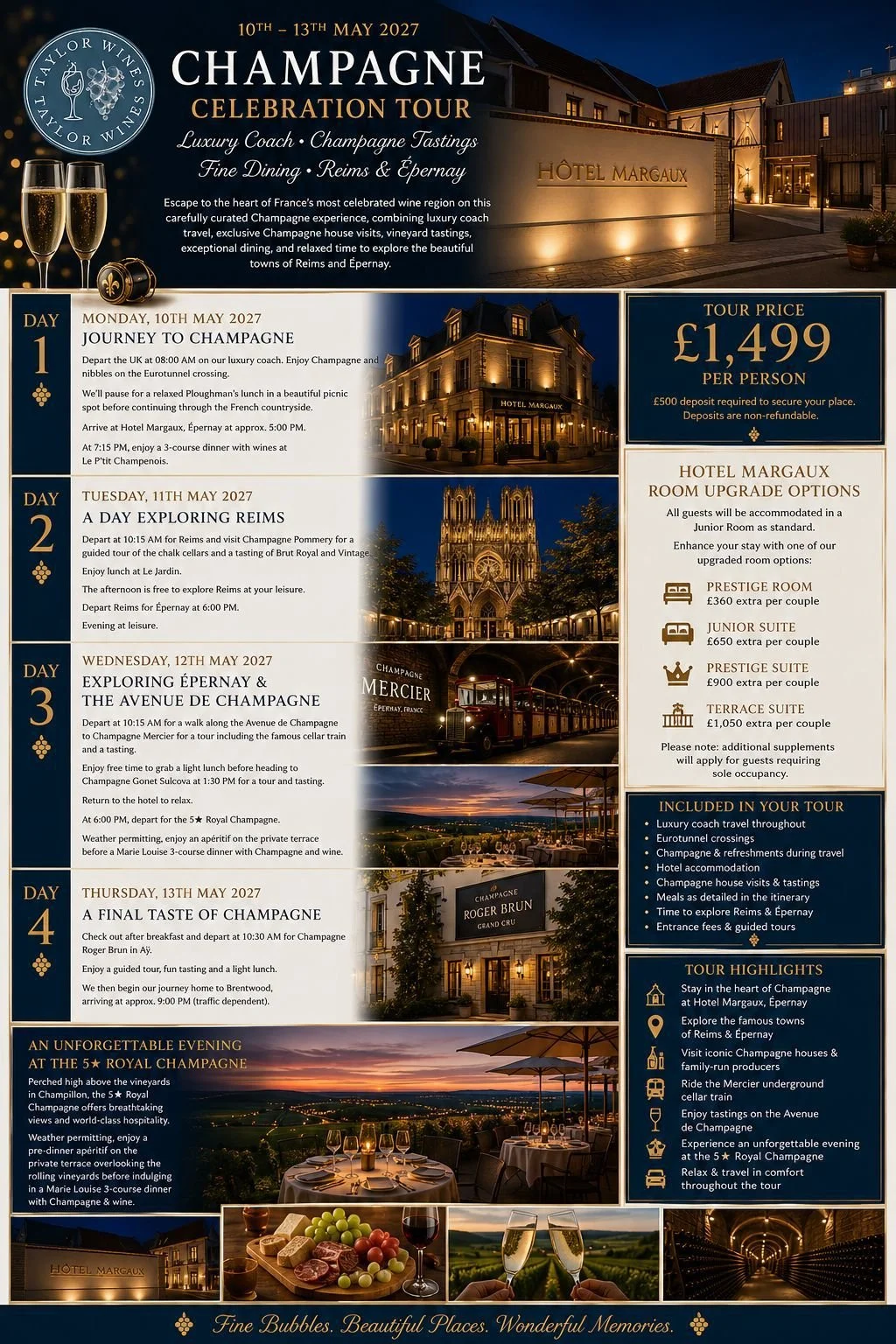 image with details of a tour of the champagne region organised by Taylor Wines Essex. The tour runs from 10th May to 13th May 2027