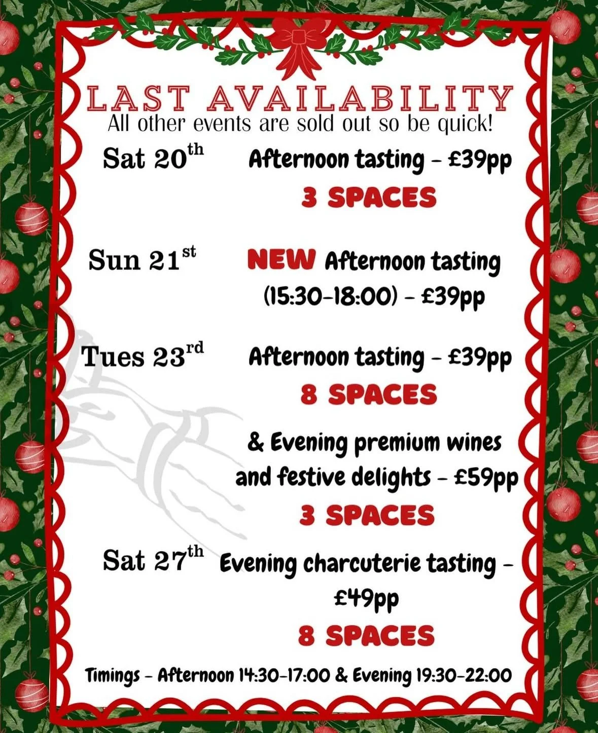 image showing final dates available for wine tasting events at Taylor Wines in Brentwood in December 2025