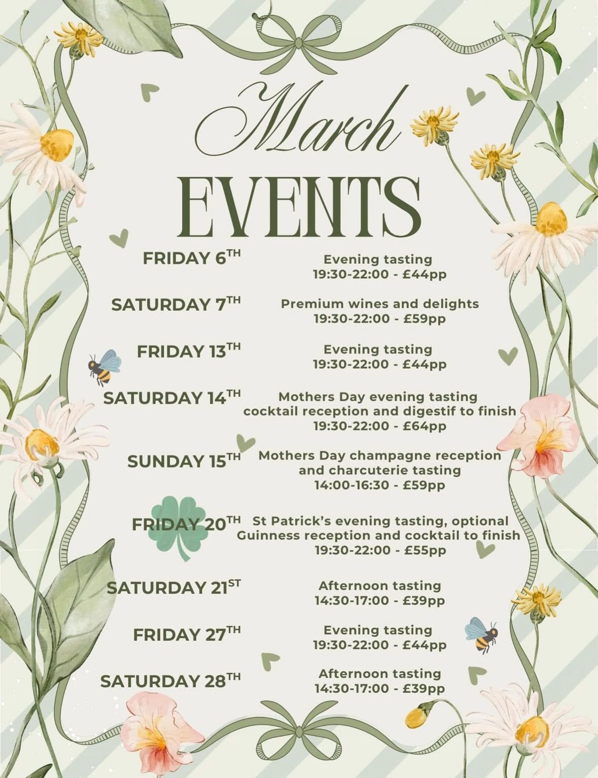 An image showing spring flowers and a list of events and tastings running for the month of March 2026 at Taylor Wines in Brentwood, Essex.
