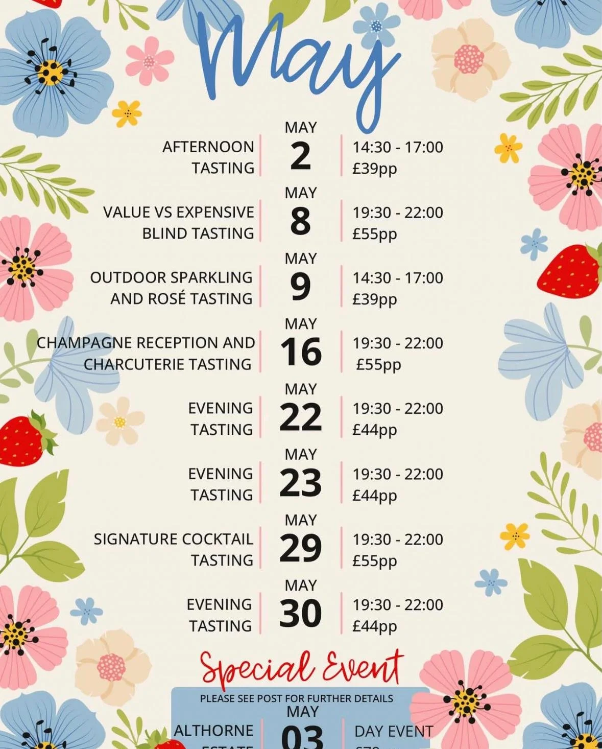 Image with list of events being held at Taylor Wines Essex during May 2006 and spring flowers in pink and blue colours