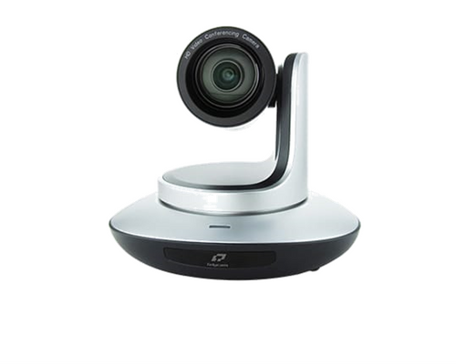Video conferencing camera on a white base with a spherical camera lens.