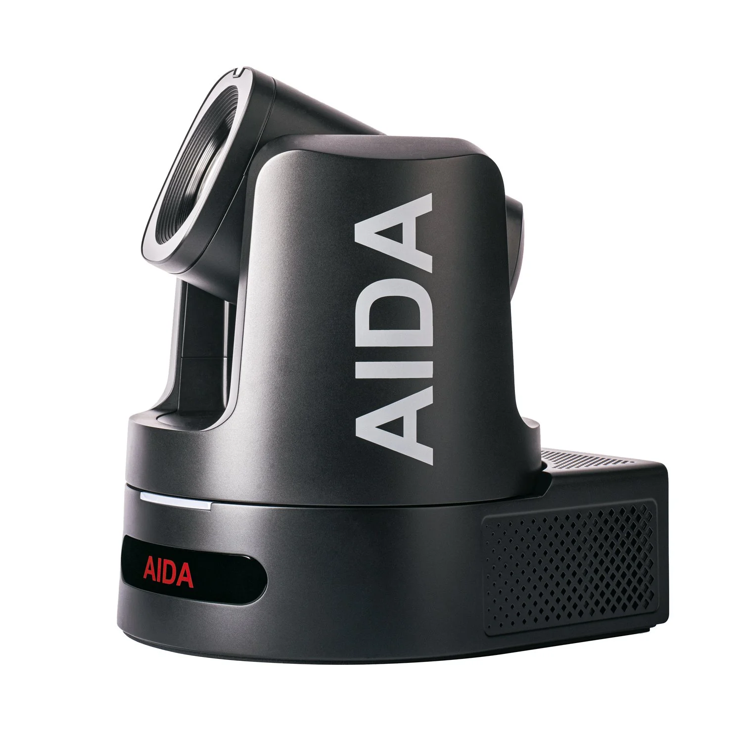 Close-up of AIDA branded industrial or factory robot arm with a black base, grey body, and the word AIDA written vertically in large white letters.