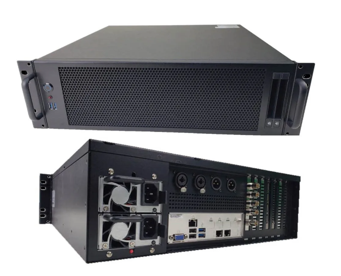 Front and back views of a professional audio or server equipment rack, with the front showing a plain panel with ventilation, and the back displaying ports, connectors, and cooling fans.