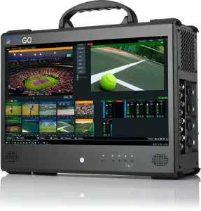 A professional broadcast video monitor displaying multiple sports game footage and a tennis match.