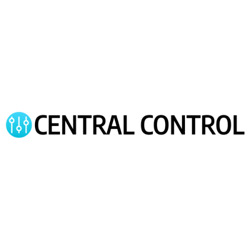 Logo with three vertical sliders inside a blue circle next to the text 'CENTRAL CONTROL' in black font.