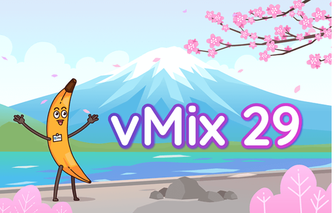 Cartoon banana character with arms and legs standing by a lake, with Mount Fuji in the background, cherry blossoms in bloom, and the text 'VMix 29' in purple