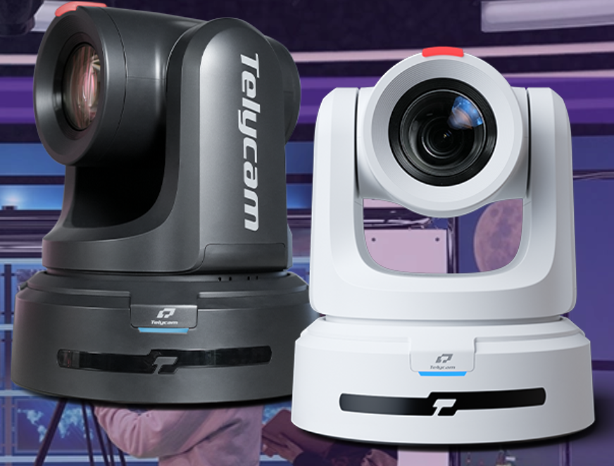 Two 3D camera robots, one black and one white, with large lenses and mounted on rotating bases, in a high-tech environment.