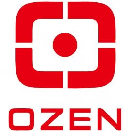 A red logo with a central circle and four symmetrical corner shapes, with the word 'OZEN' written below in uppercase red letters.