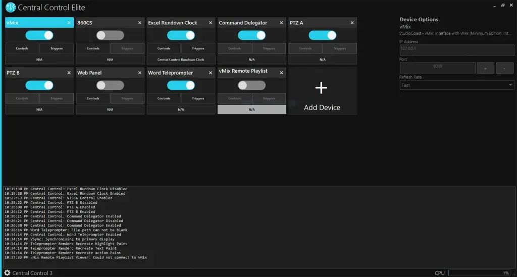 Screenshot of a computer interface for controlling multiple devices, including a Central Control Elite, with various toggle switches, device options, and a log panel at the bottom.
