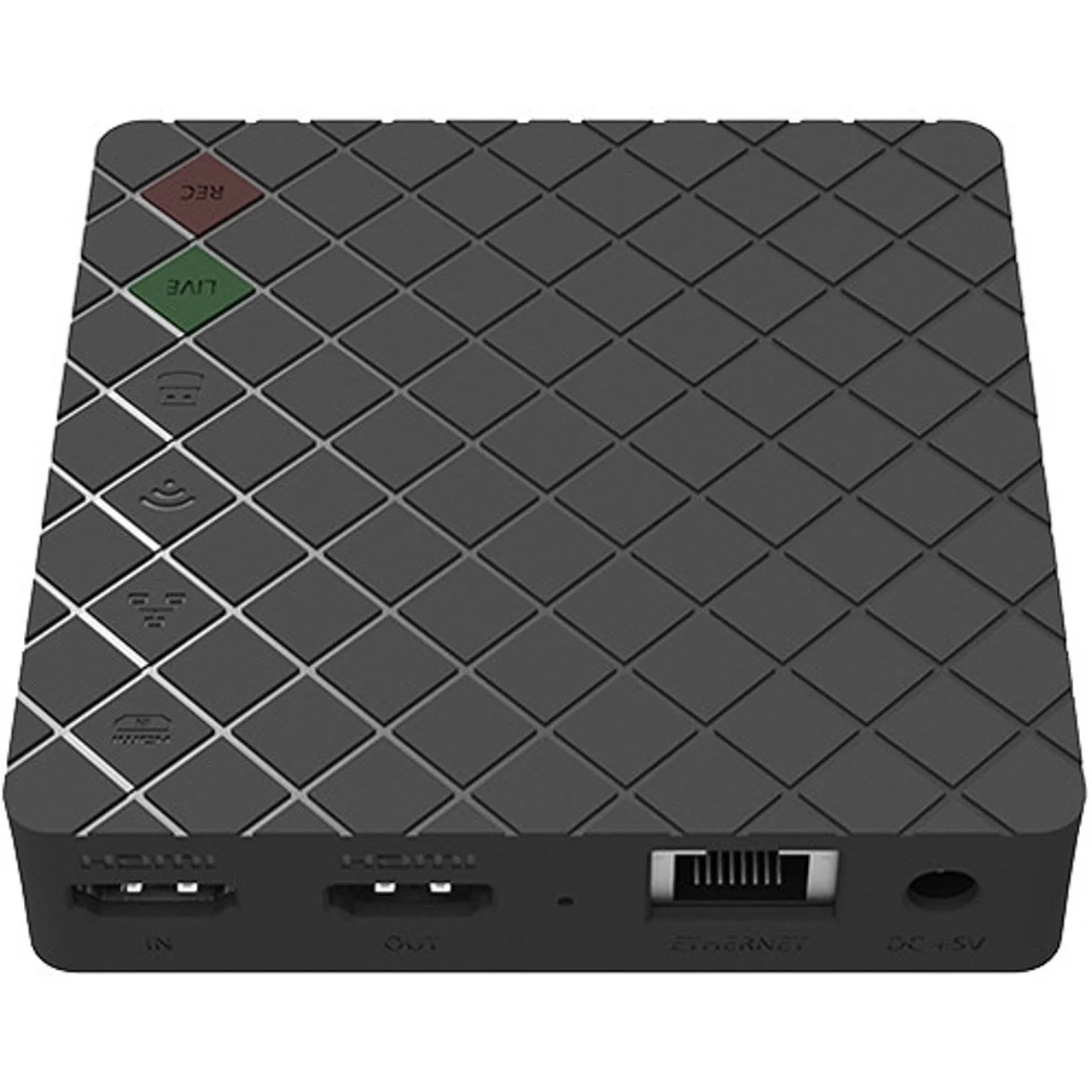 Black electronic device with multiple ports, including HDMI, Ethernet, and USB, with a textured diamond pattern on the top surface