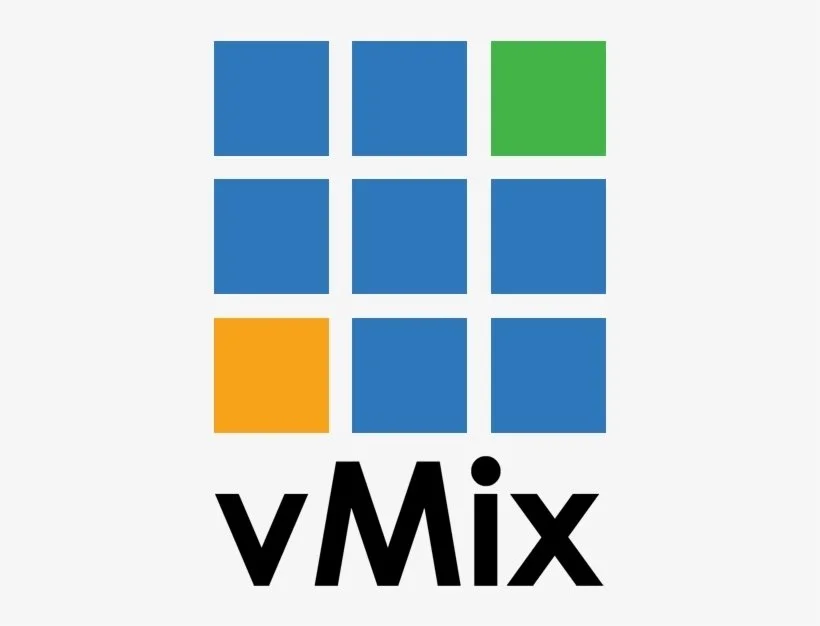 A logo with a 3x3 grid of squares in blue, green, and orange colors, with the word 'vMix' in bold black letters beneath the grid.