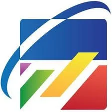 Colorful logo with overlapping geometric shapes in blue, purple, green, yellow, and red.