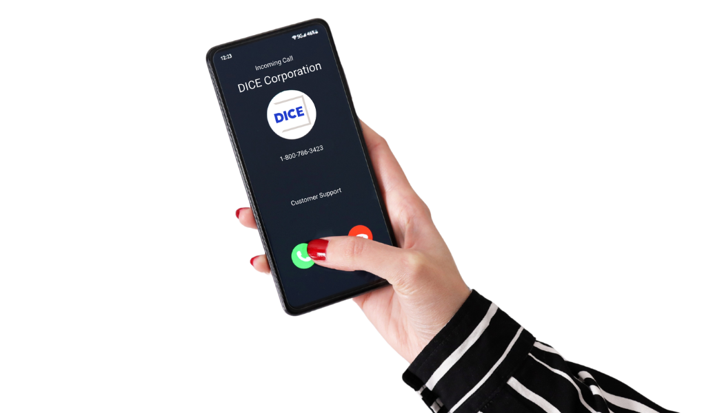 A person holding a smartphone displaying an incoming call from DICE Corporation with options to accept or decline.