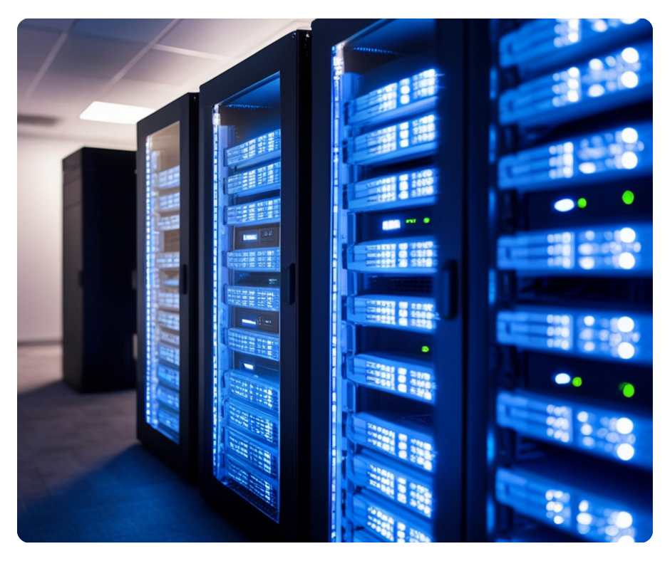 Multiple server racks with blue LED lights in a data center.