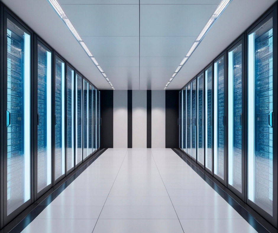 Empty data center aisle with blue server racks on both sides and bright overhead lighting