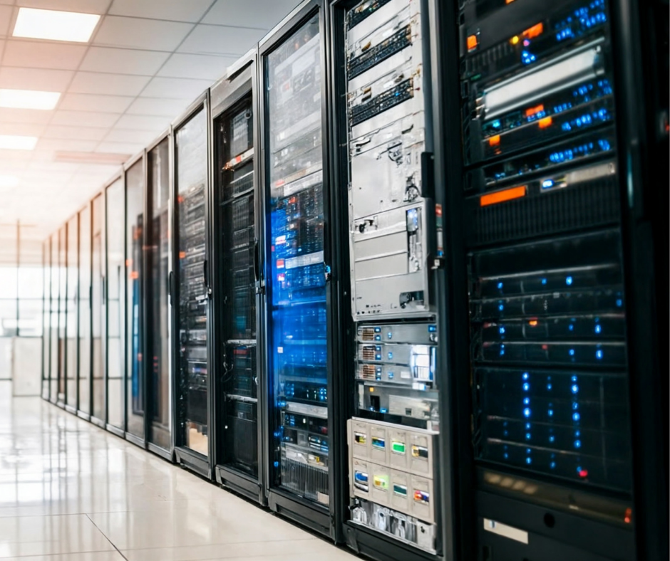Row of server racks in a data center with blinking lights and electronic equipment.