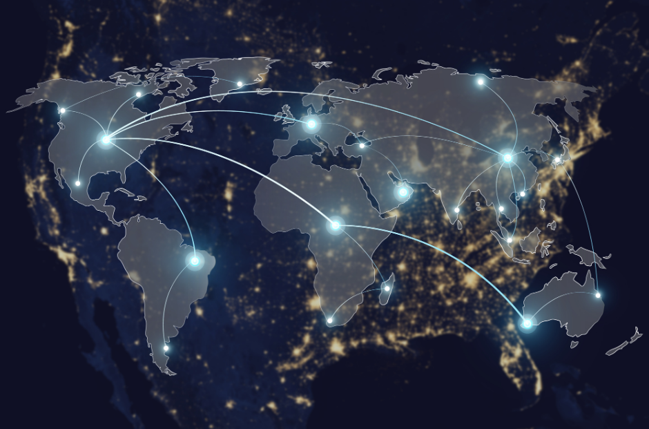 World map highlighting global connections with bright points in multiple continents linked by glowing lines, indicating international network or communication.