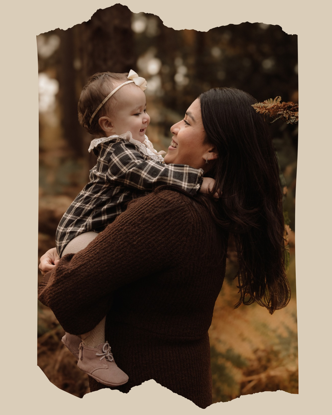 Mother and daughter in the woods having a relaxed family photography session