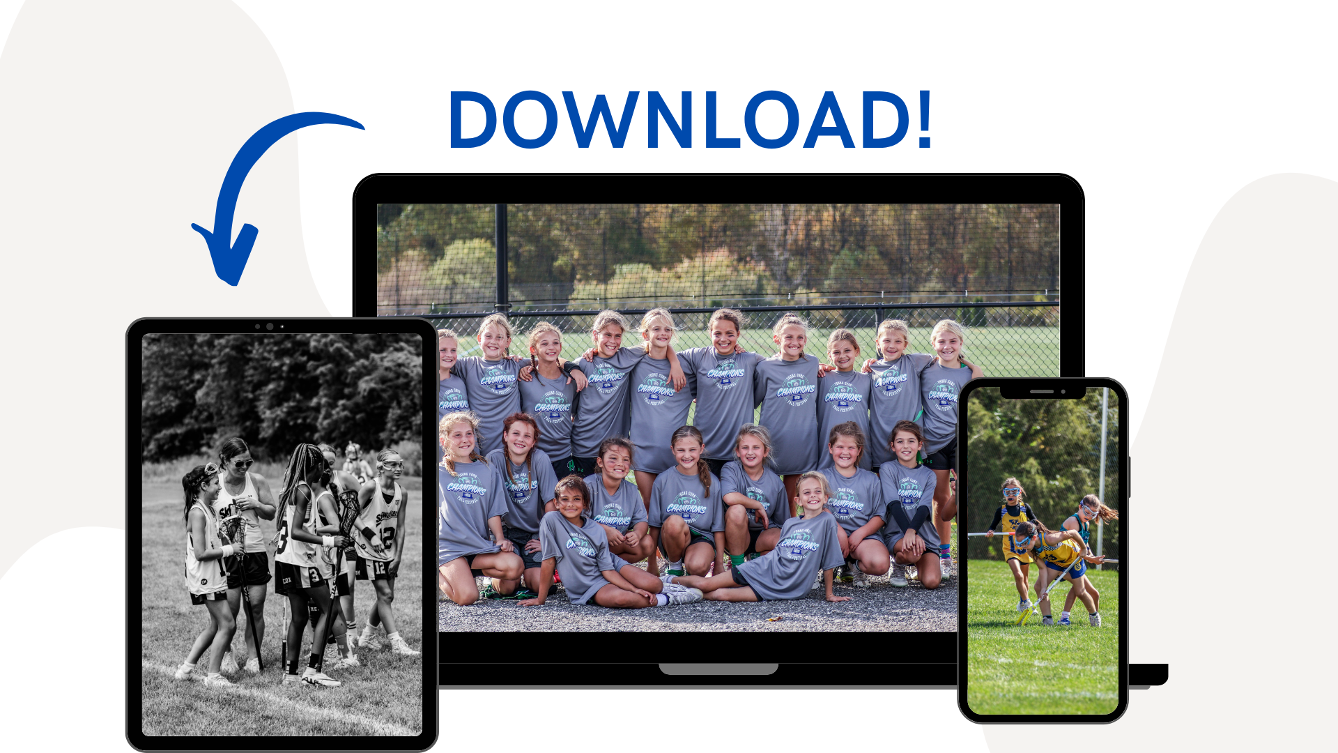 A digital advertisement showing various electronic devices displaying photos of a girls' sports team, with a large 'Download!' message at the top.