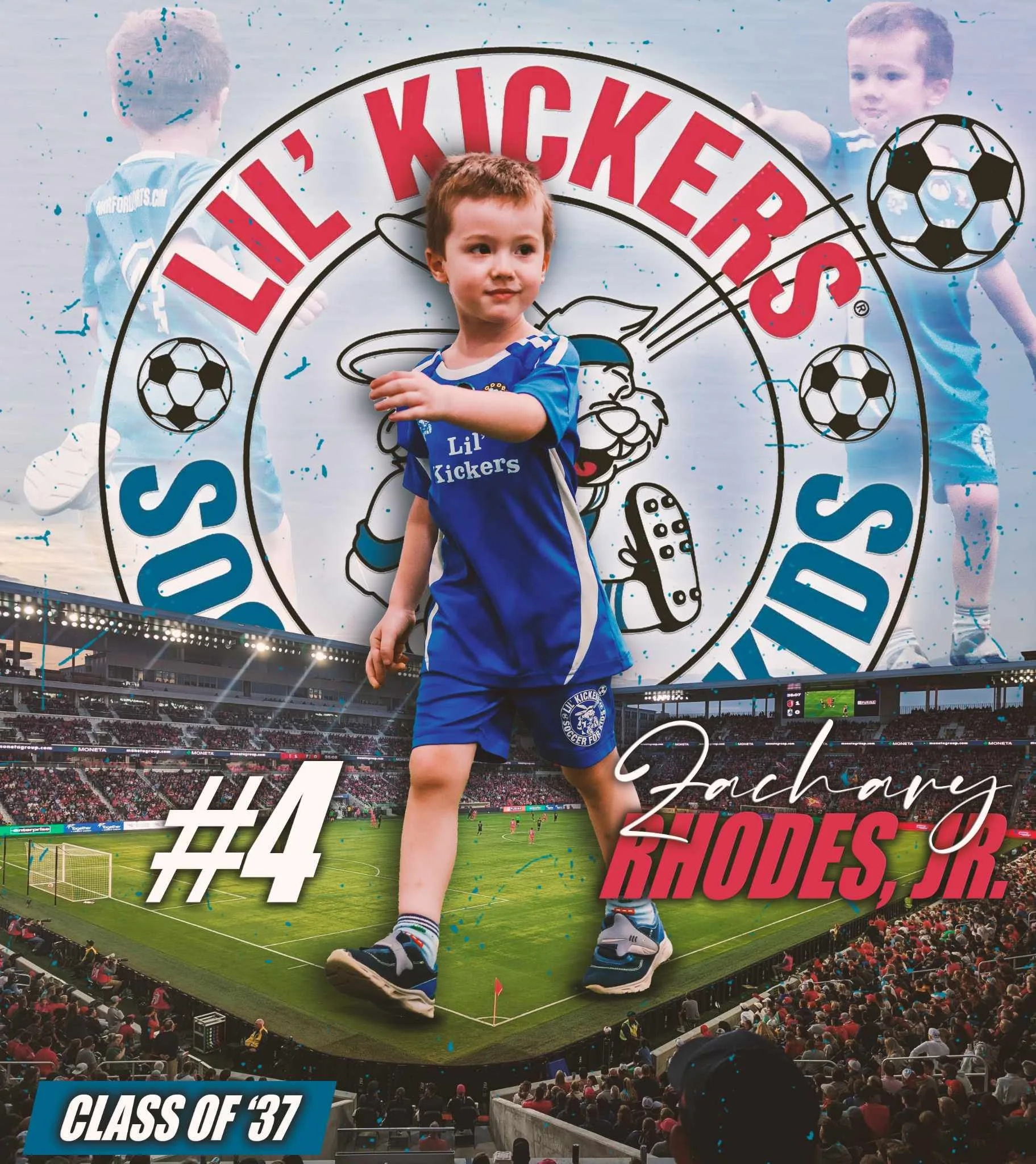 Sports photography Baltimore Maryland blue soccer jersey standing on a soccer field at a stadium during a game, with a large banner behind him showing the text 'Lil' Kickers' and 'Class of 37' and a crowd watching the game in the stands.
