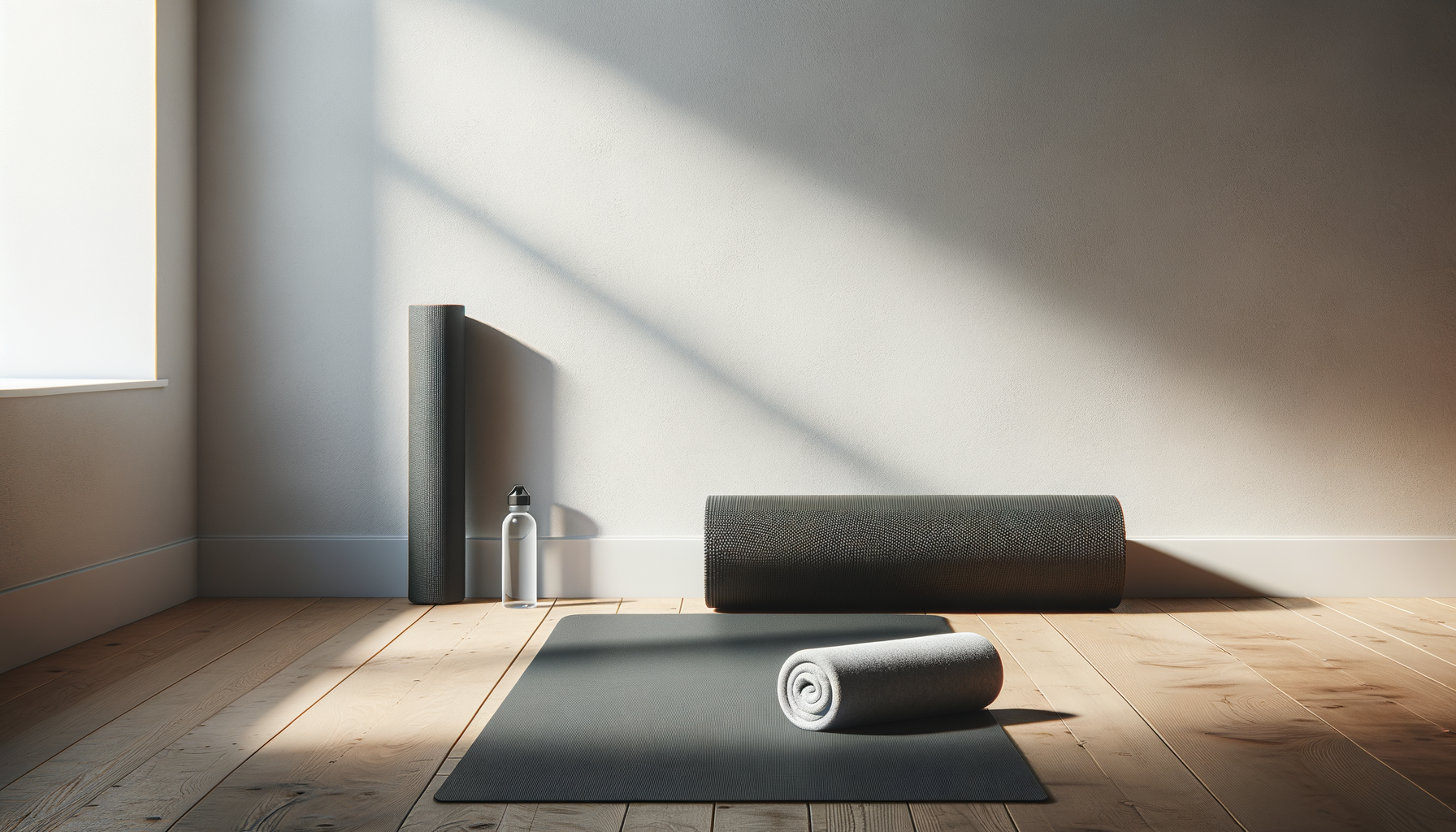 Yoga mat, yoga roller, water bottle, and foam roller in a sunlit corner of a room with wooden floor and white wall.
