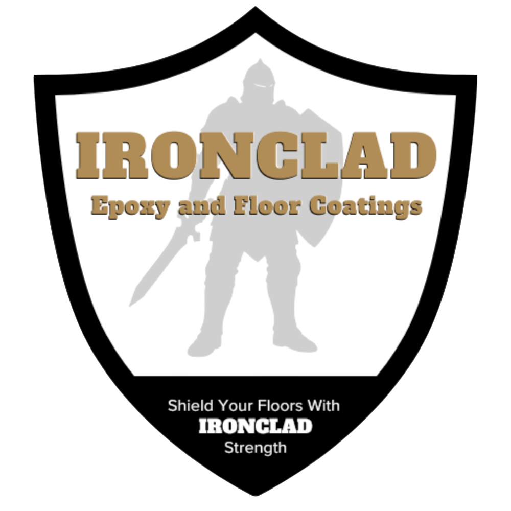 Shield-shaped logo for IRONCLAD Epoxy and Floor Coatings with a silhouette of a medieval knight holding a sword and shield, featuring the text 'Shield Your Floors With IRONCLAD Strength' at the bottom.
