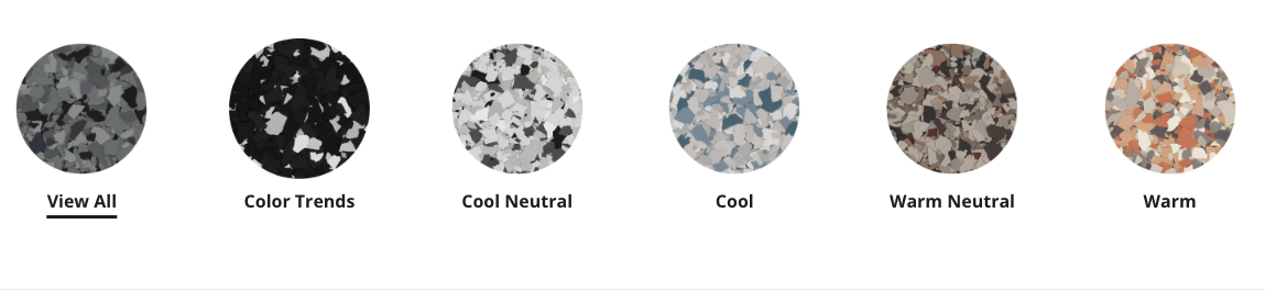 Image showing five circular color palette options labeled View All, Color Trends, Cool Neutral, Cool, Warm Neutral, and Warm, featuring abstract color patterns.