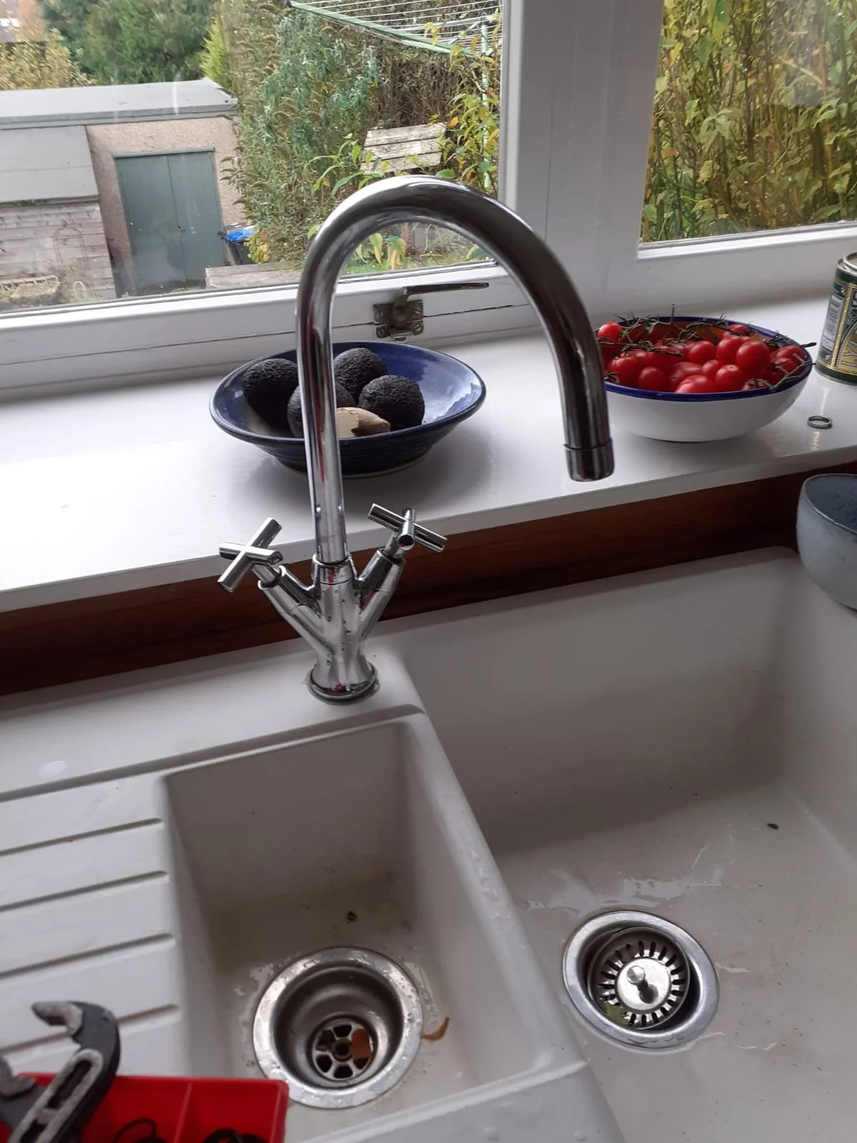 Kitchen sink with a chrome faucet, black avocados, and cherry tomatoes on the window sill.