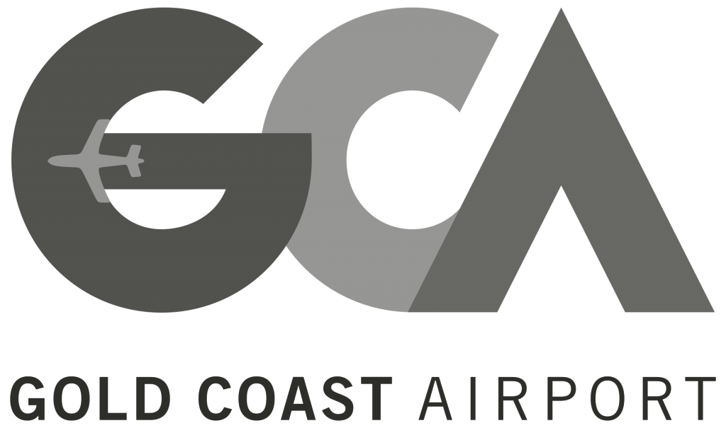 Logo of GCA, Gold Coast Airport, with a stylized airplane flying through the letter G.