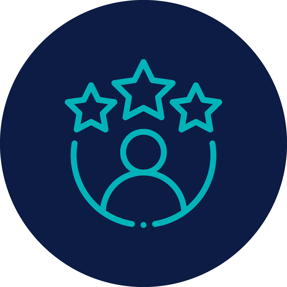 Icon of a person with three stars above their head, symbolizing recognition or excellence.