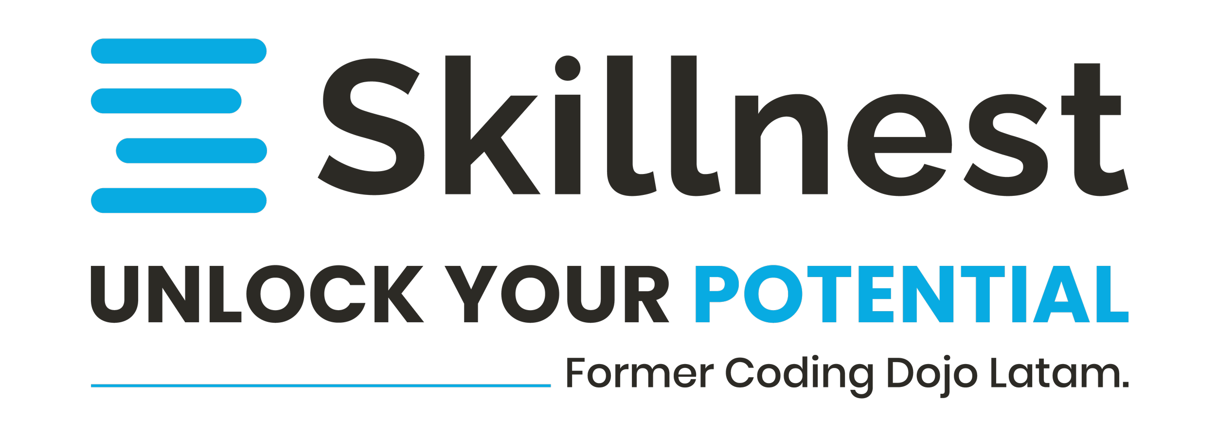 SkillNest logo with blue horizontal lines and the text 'UNLOCK YOUR POTENTIAL' and 'Former Coding Dojo Latam'.