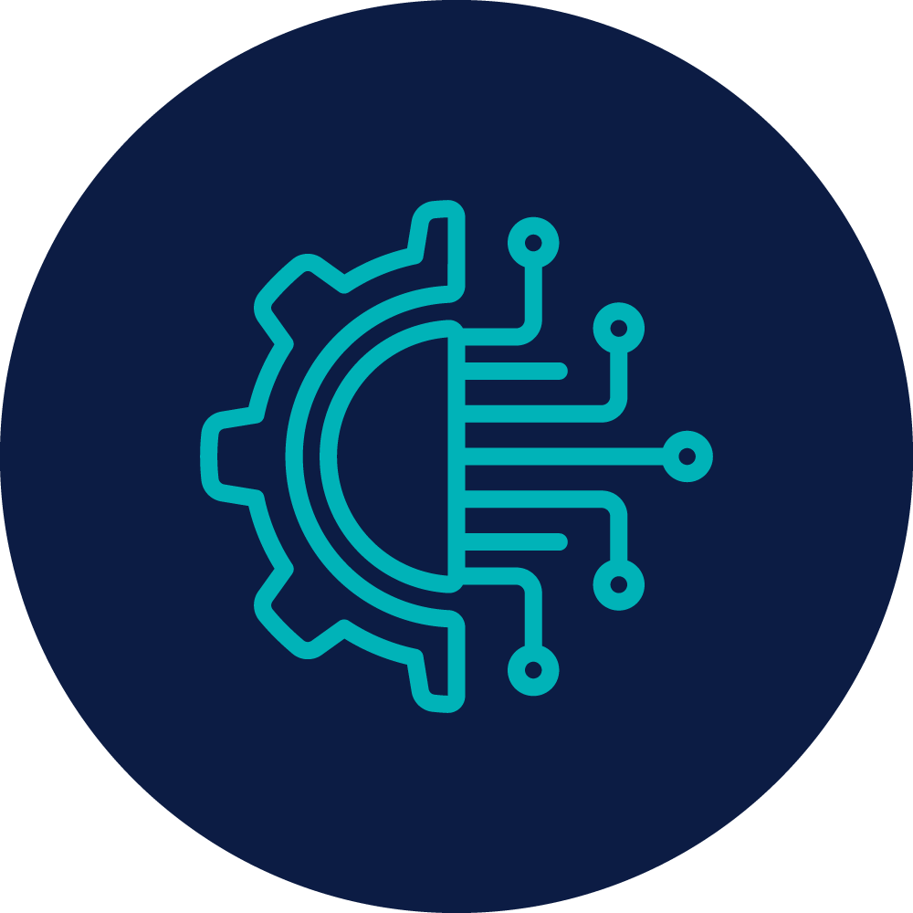 Digital icon of a gear and circuit lines representing technology and innovation.