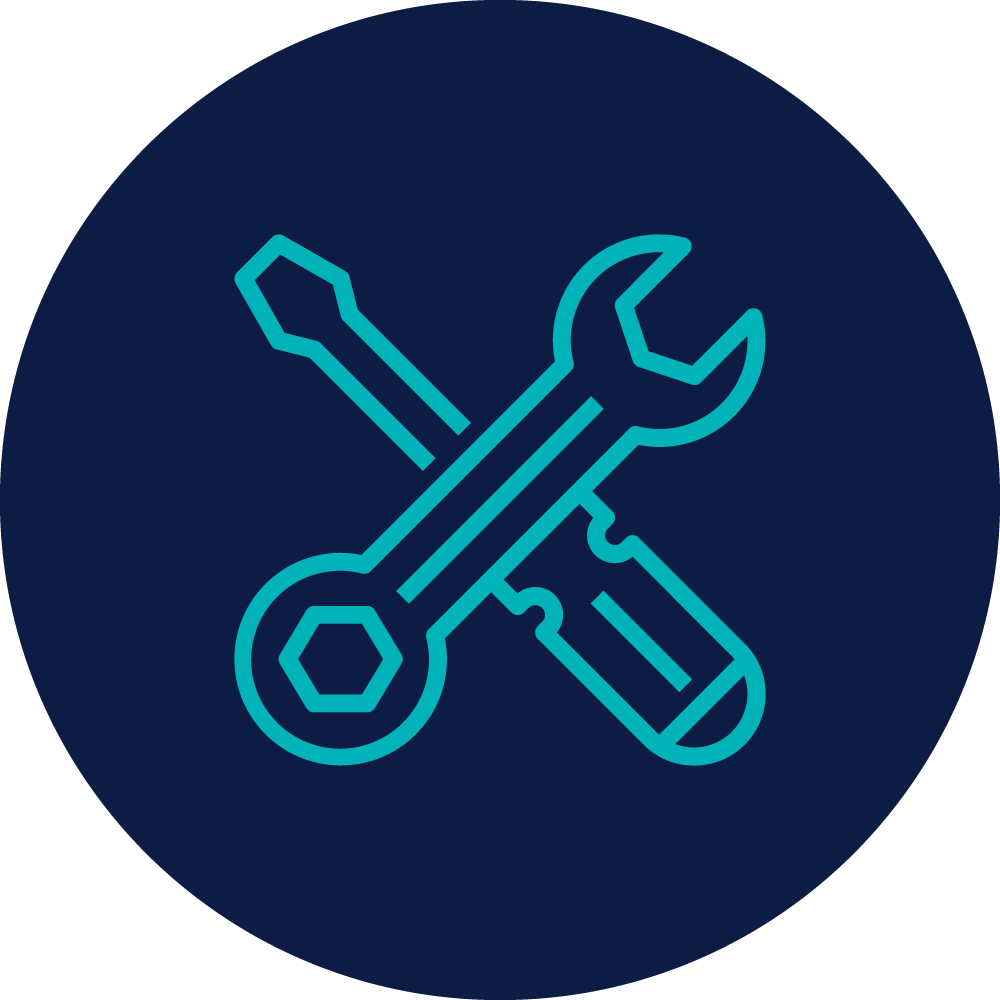Icon of a wrench, screwdriver, and screwdriver crossed on a dark blue circular background, symbolizing tools or maintenance.