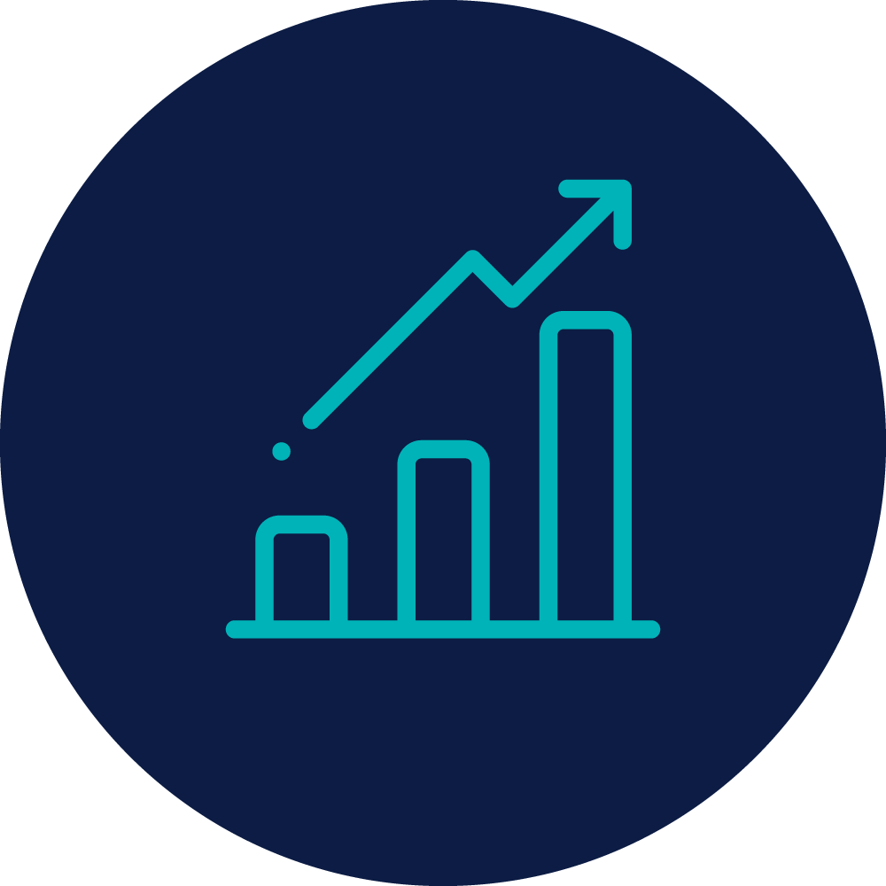 A digital icon depicting a bar chart with three ascending bars and a line graph overlay showing an upward trend.