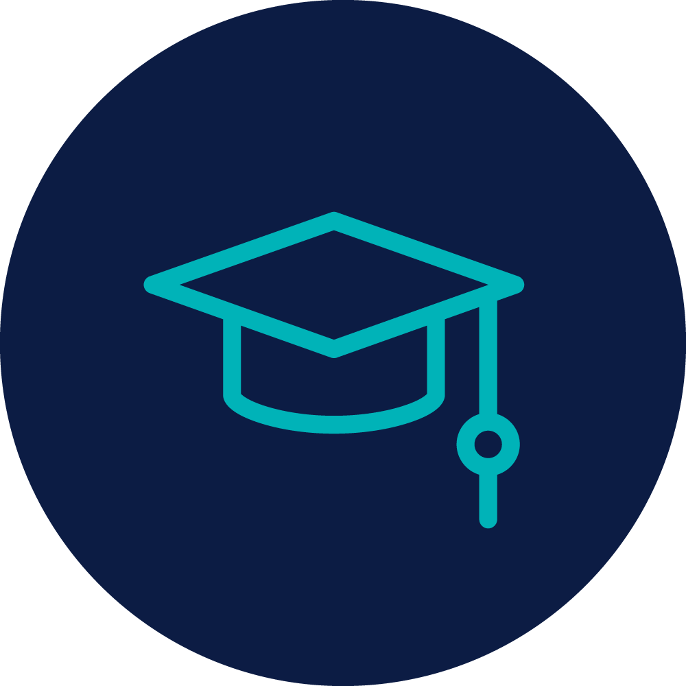 Icon of a graduation cap on a dark blue background.