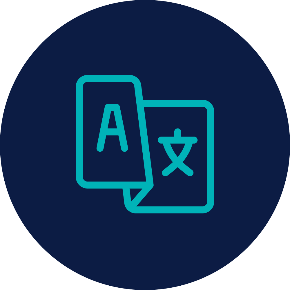 Icon of two overlapping language translation cards, one with the letter A and the other with Chinese characters, symbolizing language translation.